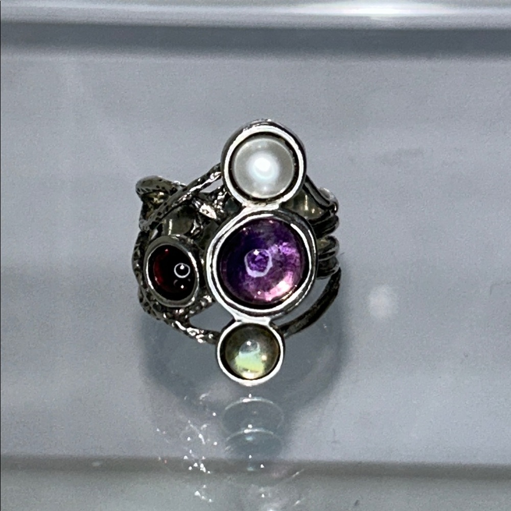 Multi Gemstone Hammered Sterling Silver Ring Designer Passage to Israel Bohemian